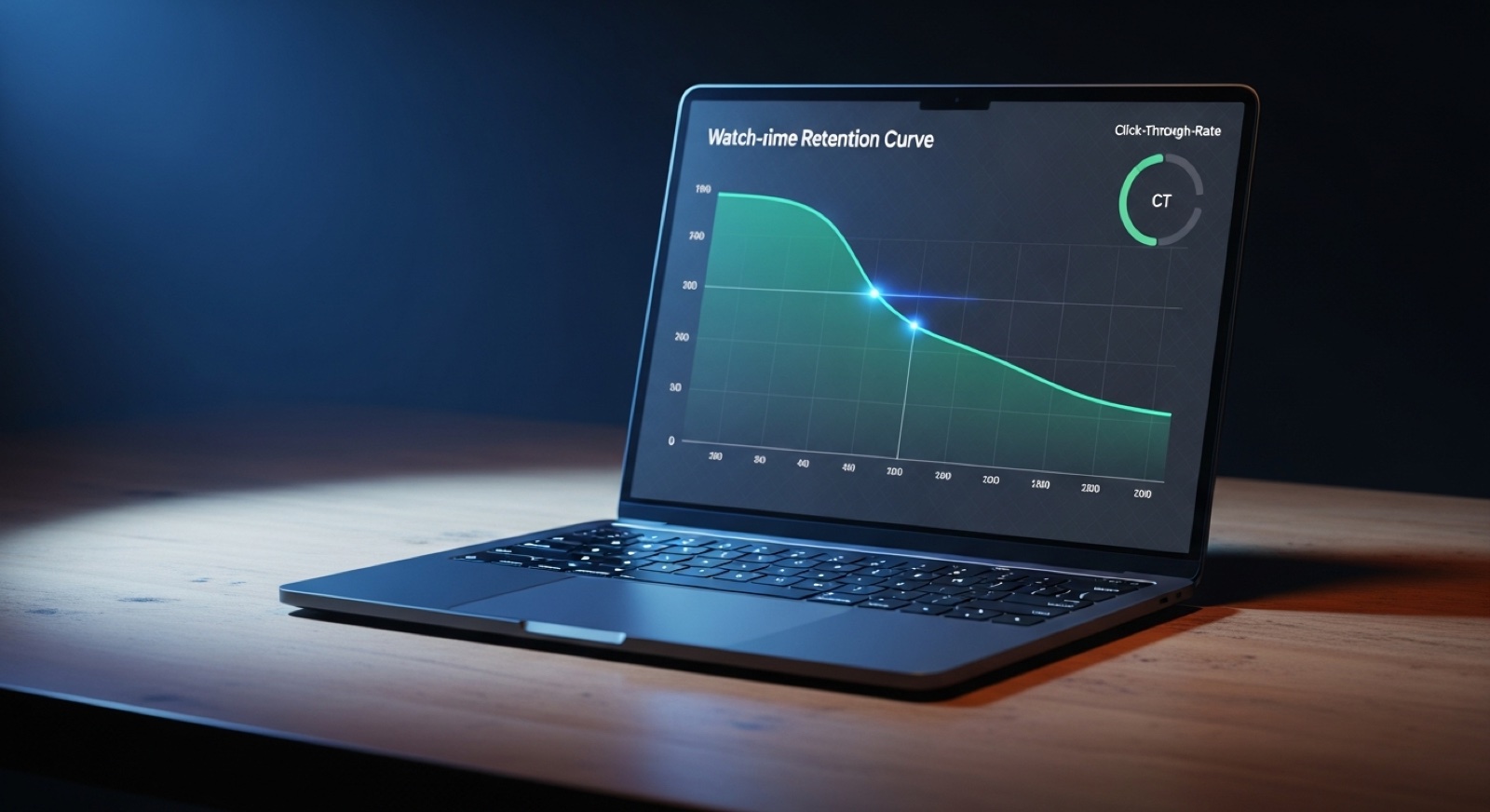 Video analytics dashboard showing watch time and click-through rate