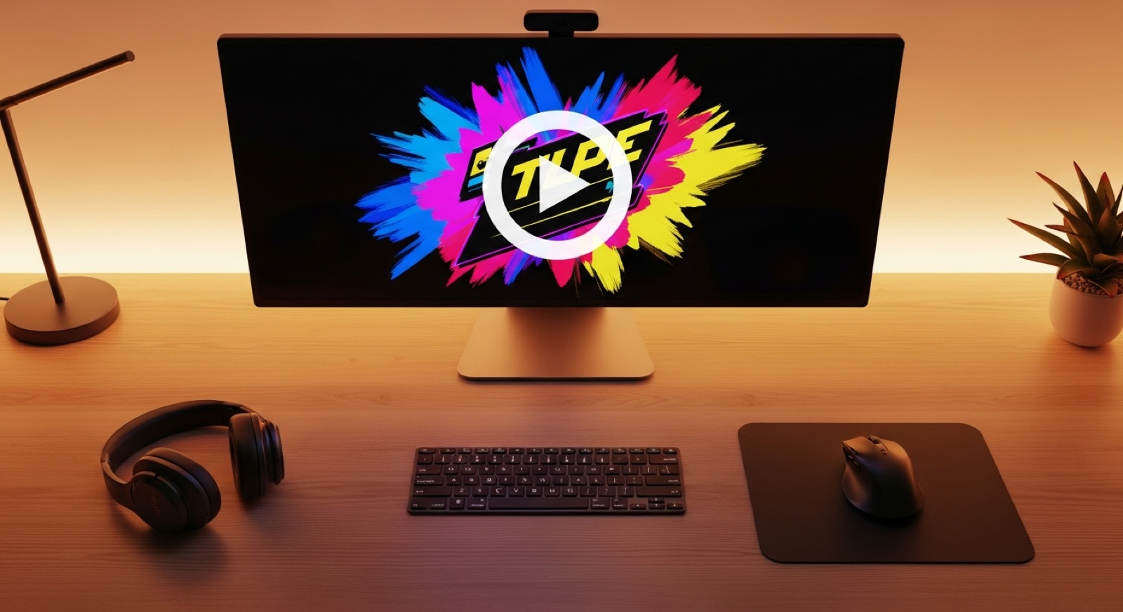 Designing a bold video thumbnail with a play button on a creator desk
